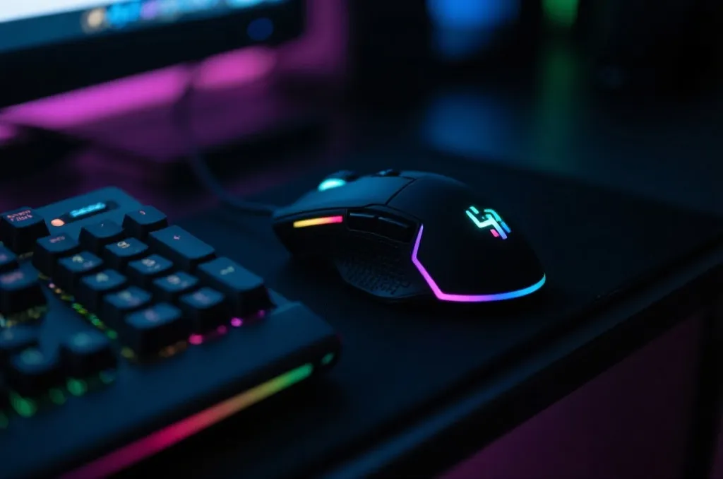 A close-up of a professional gaming keyboard and mouse glowing with RGB lighting on a dark desk, soft focus background.